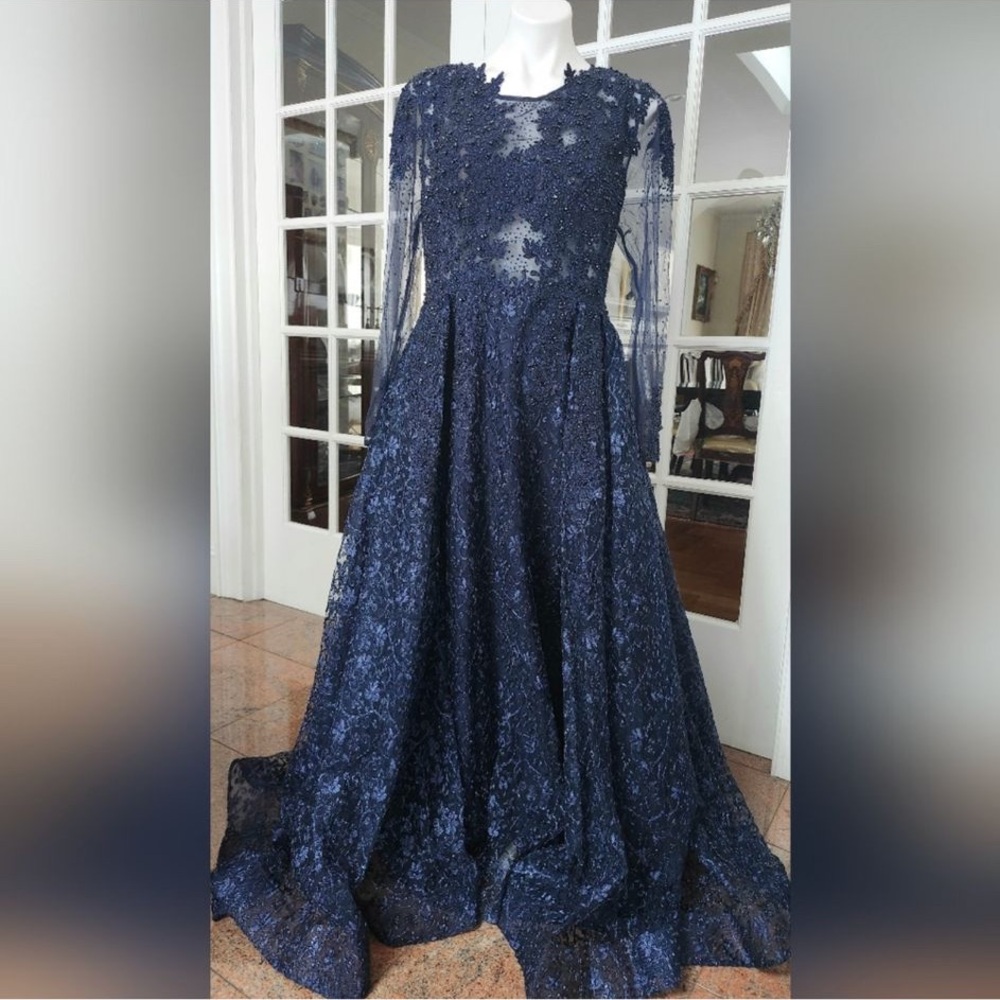 Mac Duggal Navy Lace Evening Gown